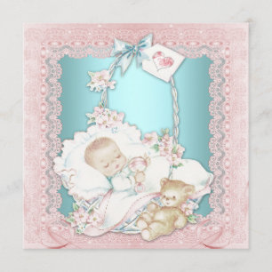Invitation Fête élégante vintage bébé fille bleu sarcelle et