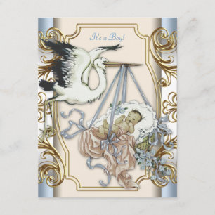 Invitation Fête élégante vintage cigogne pour bébé garçon