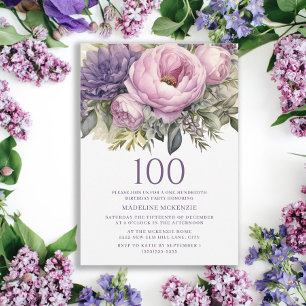 Invitation Fête élégante violette rose florale 100e anniversa