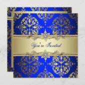 Invitation Fête en Damassé Or Bleu (Devant / Derrière)