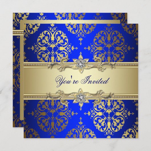Invitation Fête en Damassé Or Bleu (Devant / Derrière)