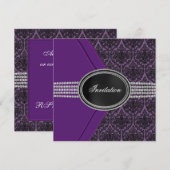 Invitation Fête en noir et dentelle violette avec diamants (Devant / Derrière)