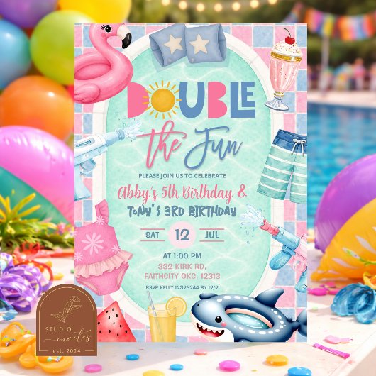 Invitation Fête en piscine pour garçon, plaisir double pour l