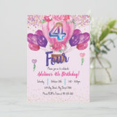 Invitation Fête en rose : Confetti Balloon 4e anniversaire (Debout devant)