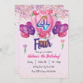Invitation Fête en rose : Confetti Balloon 4e anniversaire (Devant / Derrière)