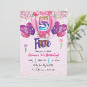 Invitation Fête en rose : Confetti Balloon 5e anniversaire (Debout devant)