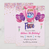 Invitation Fête en rose : Confetti Balloon 5e anniversaire (Devant / Derrière)