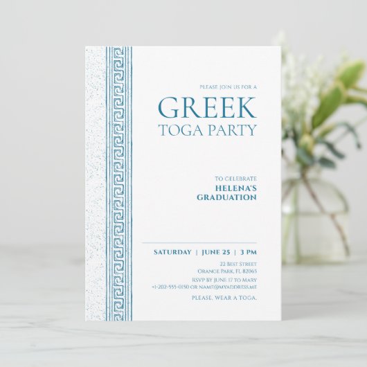 Invitation Fête en Toga bleue avec éléments en pierre grecque (Debout devant)