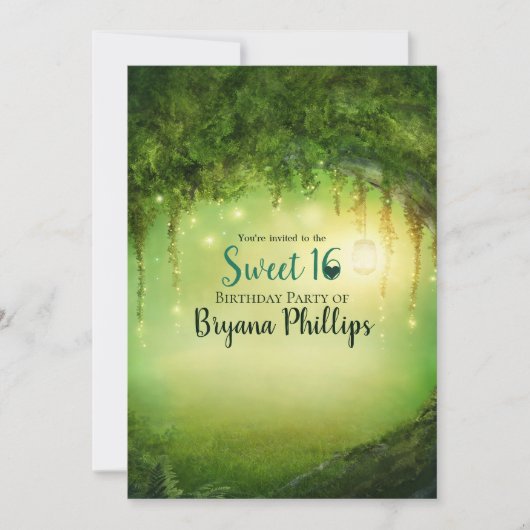 Invitation Fête Enchantée Forêt verte Lanterne Sweet 16 Party (Devant)