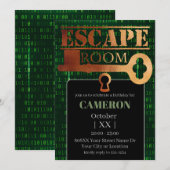 Invitation Fête Escape Game Serrure et Clé Code Binaire Vert (Devant / Derrière)