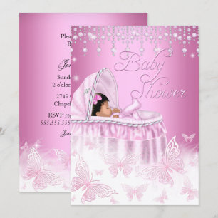 Invitation Fête Ethnique Bébé Papillon Rose Brillant