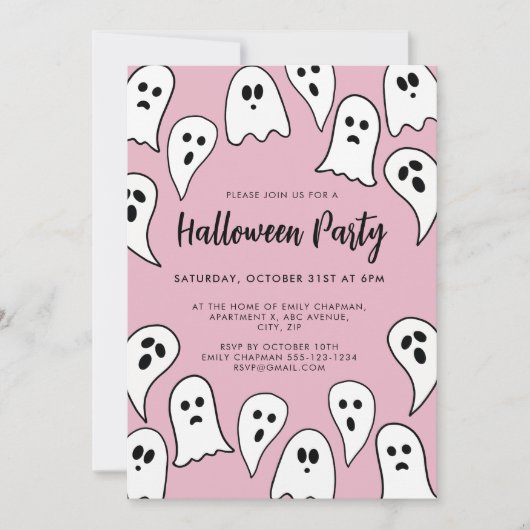 Invitation Fête fantôme d'Halloween rose  (Devant)