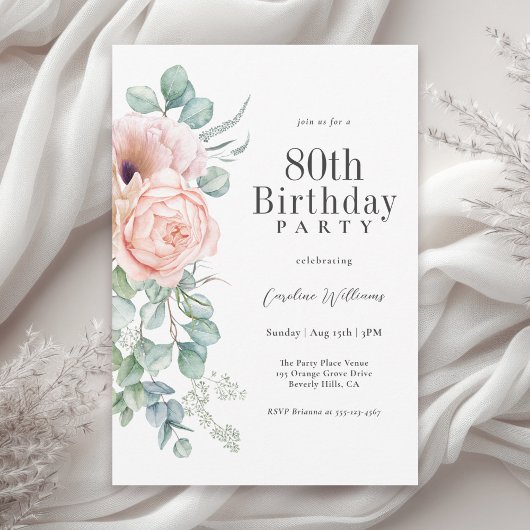 Invitation Fête féminine rose et beige 80e anniversaire