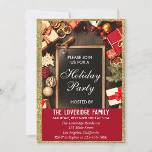 Invitation Fête festive de Noël, paillettes rouges et or