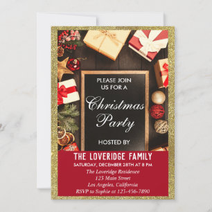 Invitation Fête festive de Noël, paillettes rouges et or