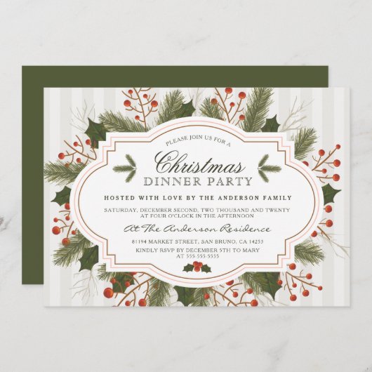 Invitation Fête Festive, Pine & Holly Dîner de Noël (Devant / Derrière)