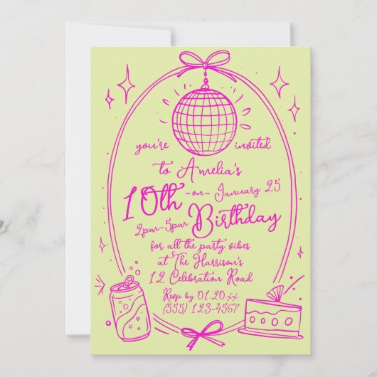 Invitation Fête Fille Double Chiffres 10ème Anniversaire (Devant)