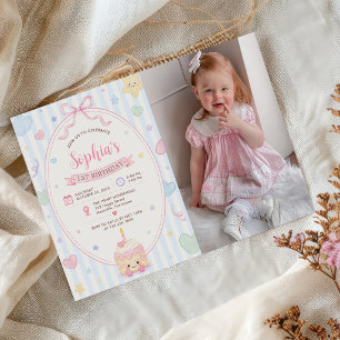 Invitation Fête Fille Gâteau Pastel Premier Anniversaire Phot
