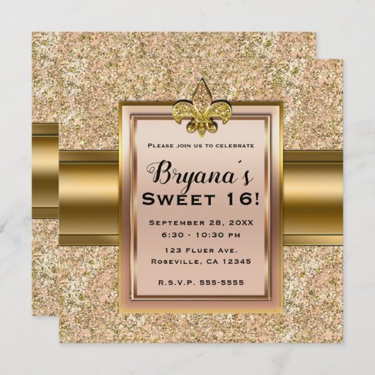 Invitation Fête Fleur de lis Pailletée Rose et Or (Devant / Derrière)
