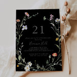 Invitation Fête Fleur Floral Multicolor Fleur Noir 21e annive<br><div class="desc">Cette invitation à la fête du 21ème anniversaire,  florale et multicolore sauvage,  est parfaite pour un événement moderne. Le design est composé de fleurs élégantes rose aquarelle,  rousse,  violette,  marine et blanche avec des feuilles vert émeraude dans un arrière - plan foncé.</div>