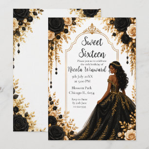 Invitation Fête Fleurie Or Noir pour une Sweet Sixteen
