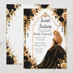 Invitation Fête Fleurie Or Noir pour une Sweet Sixteen