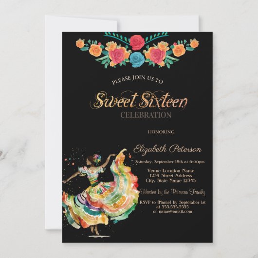 Invitation Fête Fleurs Señorita Mexicaine Sweet 16 (Devant)