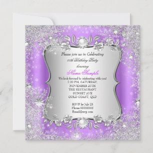 Invitation Fête Flocon de Neige Violet Argent Merveilleux Hiv