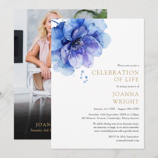Invitation Fête Florale Bleue De La Vie Funéraire Photo (Devant / Derrière)
