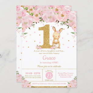 Invitation Fête Florale Cute Bunny Rabbit Girl 1er anniversai