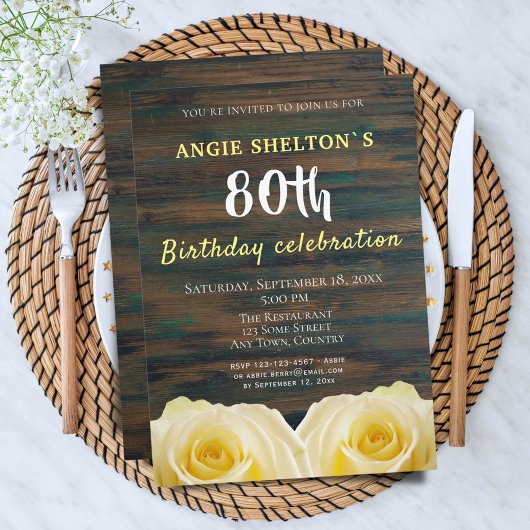 Invitation Fête florale d'anniversaire de 80 ans Rustic Yello