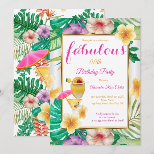 Invitation Fête Florale de Cocktail Tropical Fabuleux (Devant / Derrière)