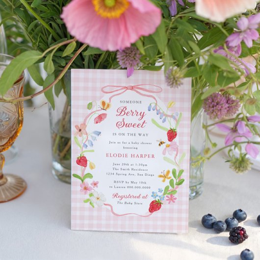 Invitation Fête Florale de Fraises Bébé Sucrée