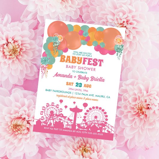 Invitation Fête Florale et à Ballons pour Bébé Fille
