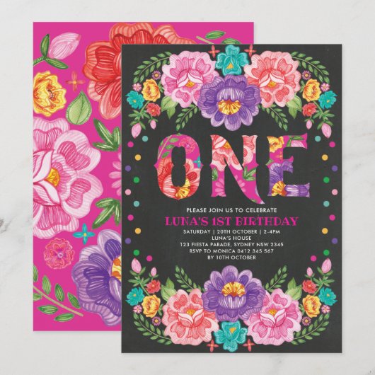 Invitation Fête Florale mexicaine du 1er anniversaire (Devant / Derrière)