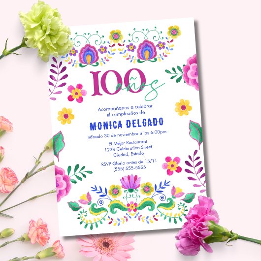 Invitation Fête Florale mexicaine espagnole 100e fête d'anniv