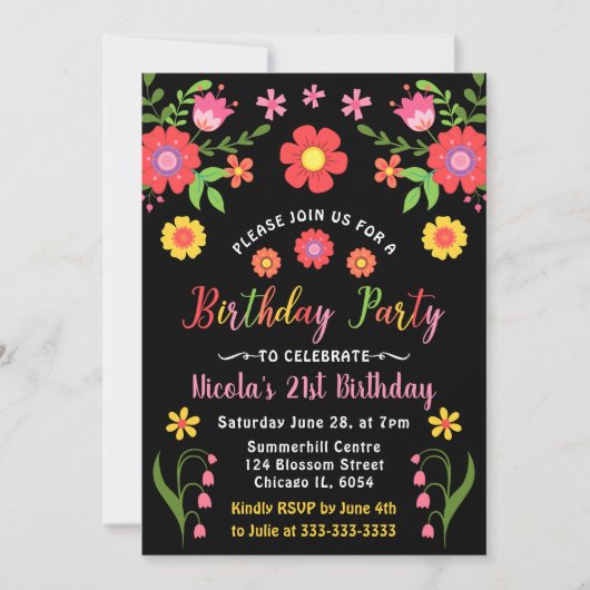 Invitation Fête Florale mexicaine et fête d'anniversaire noir (Devant)