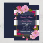 Invitation Fête Florale Moderne Chic Bleu Blanc et Or (Devant / Derrière)