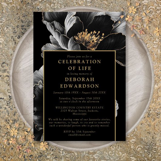 Invitation Fête Florale Noire Et Or Élégante De La Vie