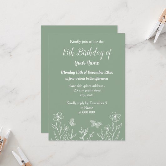 Invitation Fête florale verte sauge simple (Devant/Arrière en situation)