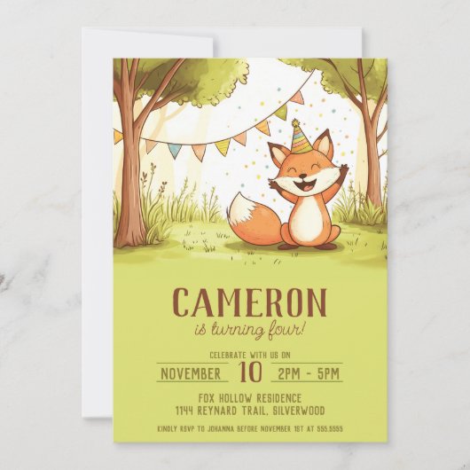 Invitation Fête Fox casquette extérieur enfant anniversaire (Devant)