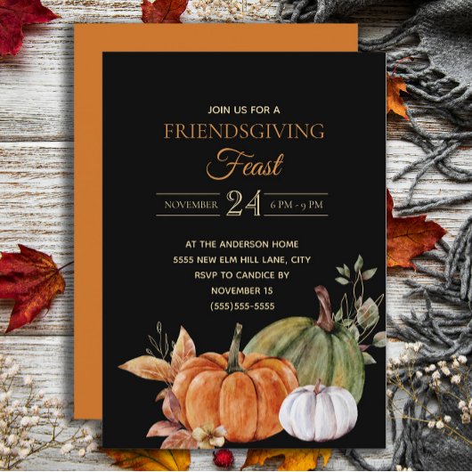 Invitation Fête Friendsgiving citrouilles noires