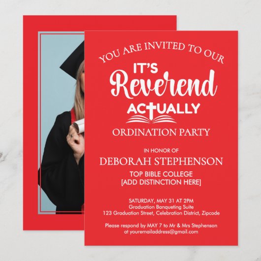 Invitation Fête Fun C'EST ACTUALLY RÉVÉREND Ordination (Devant / Derrière)