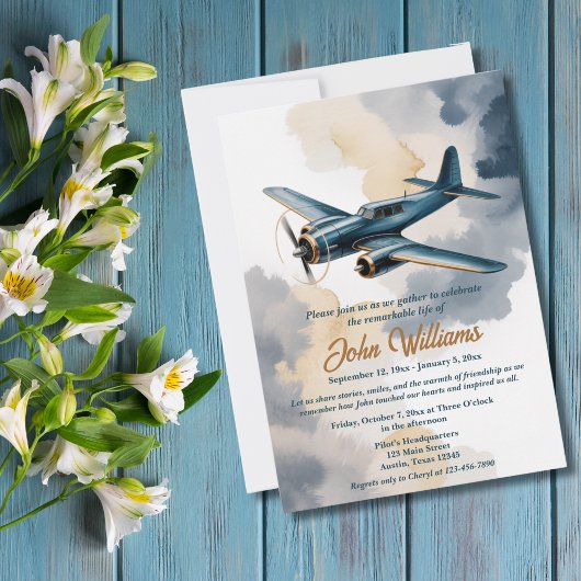 Invitation Fête funéraire de la vie Mémorial Avion bleu