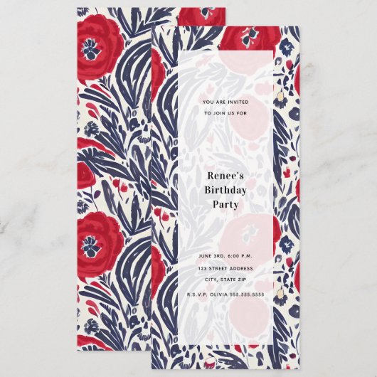 Invitation Fête générique Rouge Blanc & Bleu Coquelicots (Devant / Derrière)