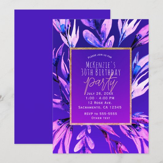 Invitation Fête Glam Botanique Aquarelle Violet Gras Clair (Devant / Derrière)