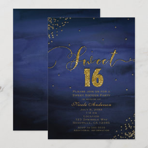 Invitation Fête Glamour Moderne Eau-Forte Bleue & Or 16 Ans