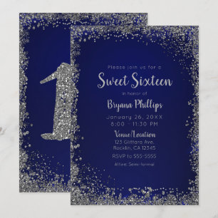Invitation Fête Glamour Sweet 16 Bleu Royal et Paillettes Arg