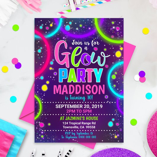 Invitation Fête Glow Neon Lumineux dans la Sombre 