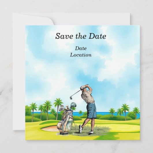 Invitation Fête Golf Save the Date avec golfeur (Devant)